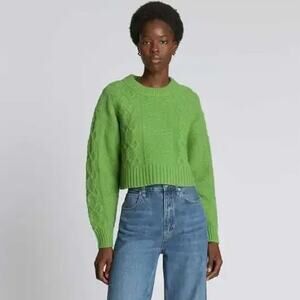 Everlane Sweater XL Green 100% Wool Cable Knit Cropped Chunky Pullover